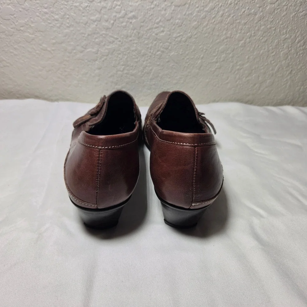 Pikolinos Brown Leather Buckle Woven Strap Kitten Heel Loafers Size 40